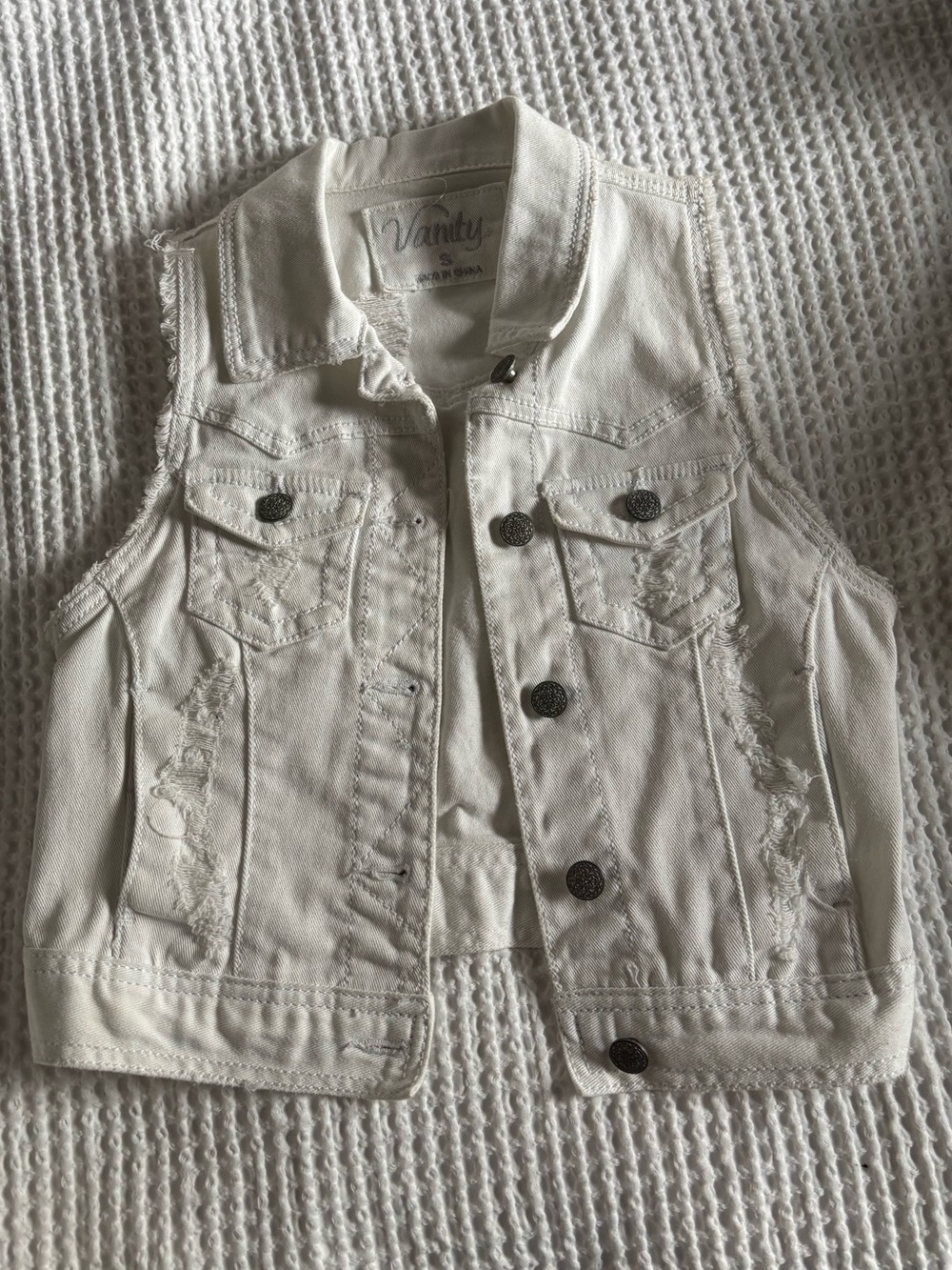 Vanity White Distressed Denim Vest for Kids - Sleeveless Button Front